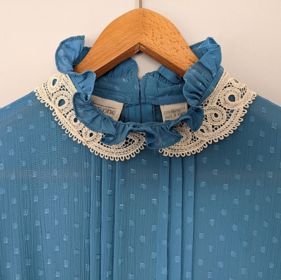 Vintage Blue Cottagecore Maxi Prairie Dress Removable Lace Collar - Picture 10 of 13